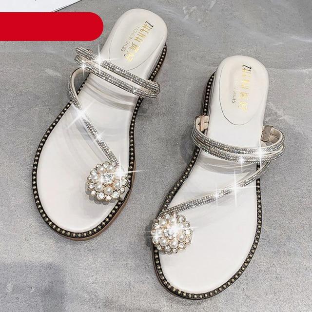 Women's Rhinestone Crystal Flat Sandals Casual Beach Flip Flops