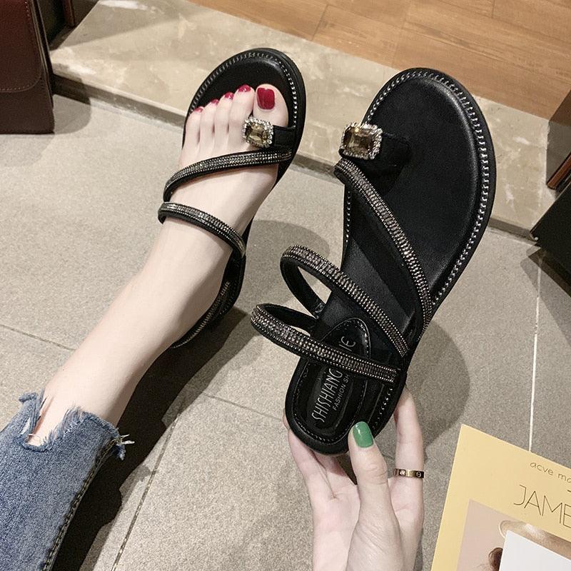 Women's Rhinestone Crystal Flat Sandals Casual Beach Flip Flops