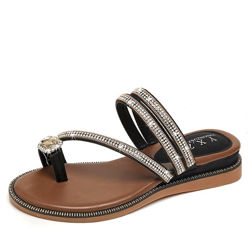 Women's casual flat sandals featuring crystal rhinestone embellishments and a comfortable rubber clip design.