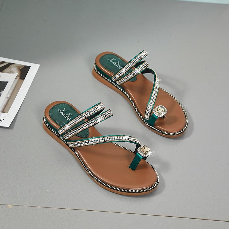 Women's Rhinestone Crystal Flat Sandals Casual Beach Flip Flops