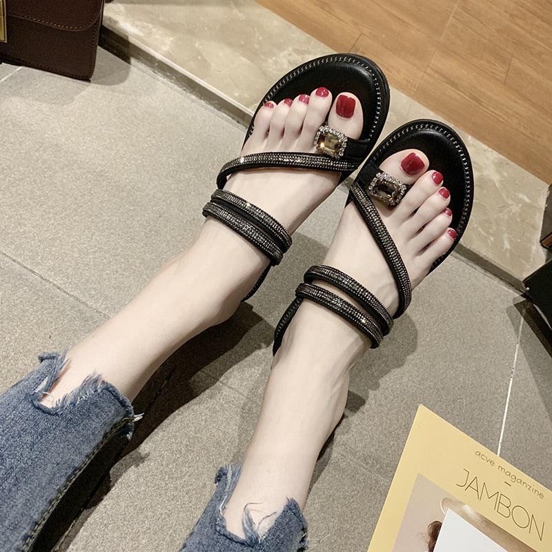 Women's Rhinestone Crystal Flat Sandals Casual Beach Flip Flops