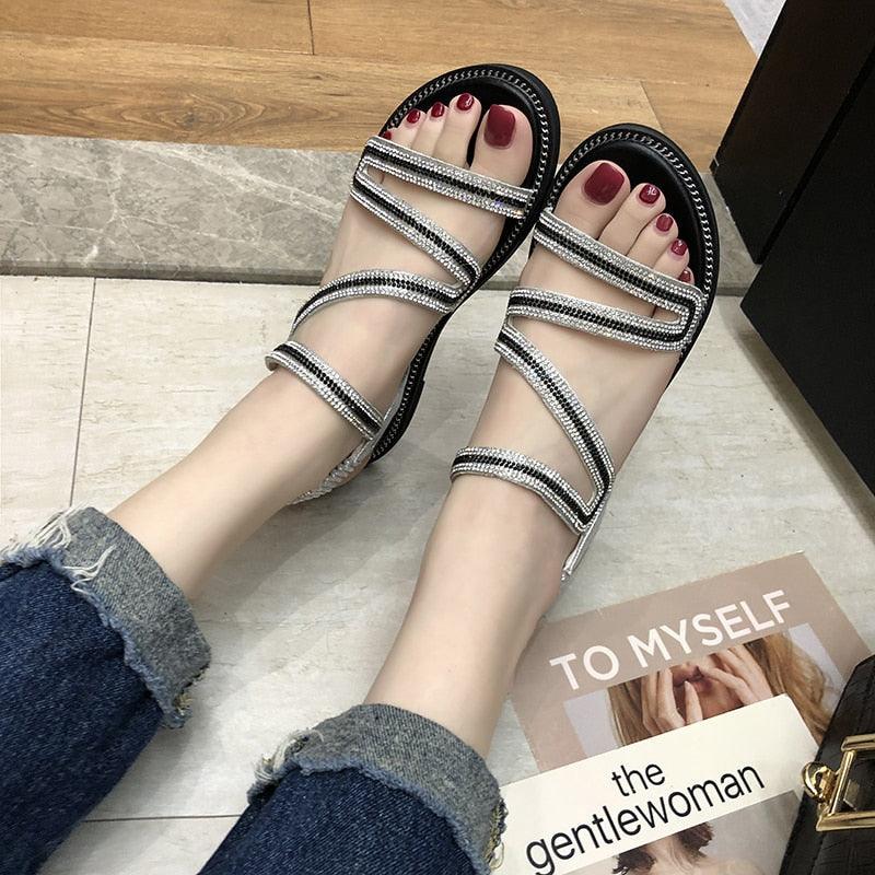 Women's Rhinestone Crystal Flat Sandals Casual Beach Flip Flops