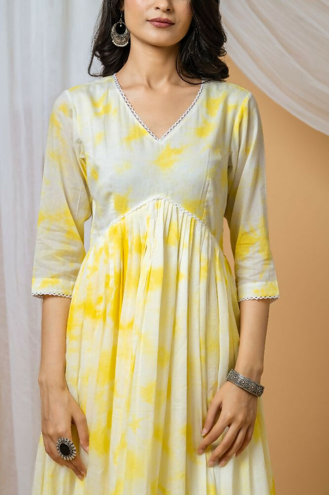 Yellow Tie & Dye Cotton Kurta Pant Set for Women