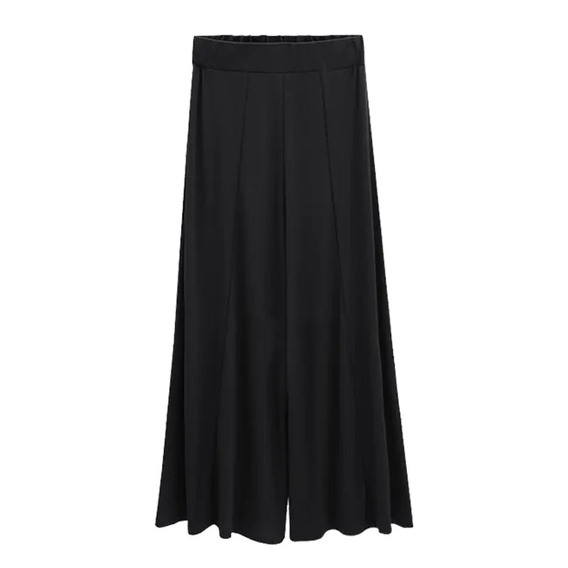 A pair of black high-waisted wide leg pants shown from the front and back.