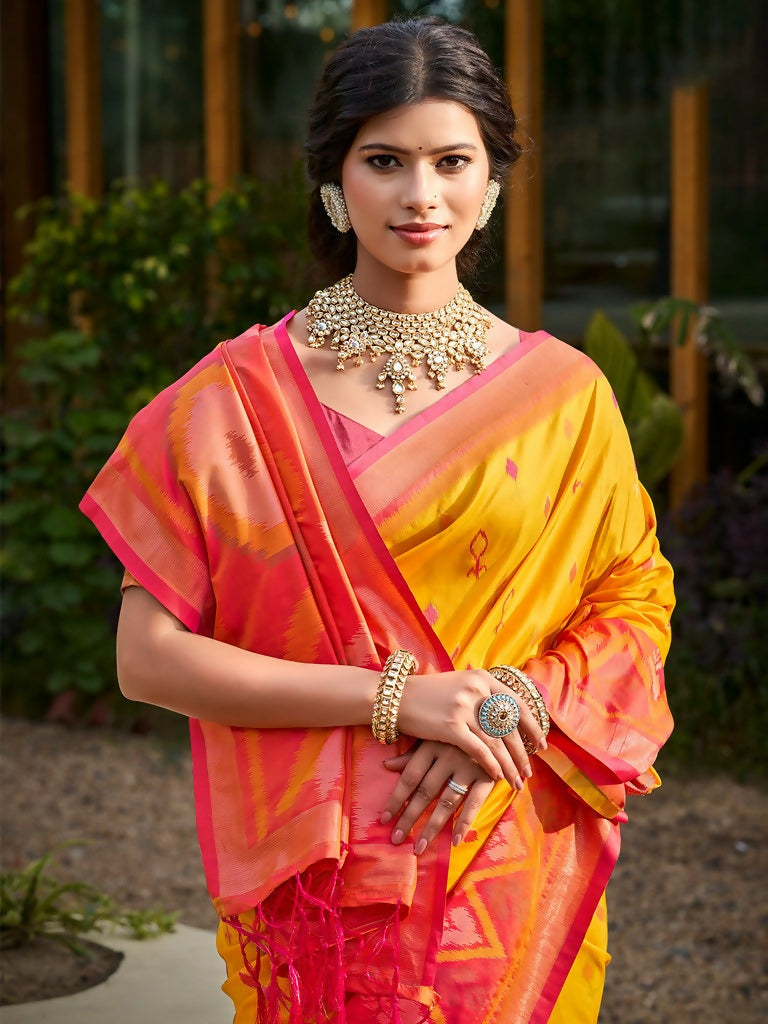 Yellow Soft Silk Saree with Pink Contrast Blouse