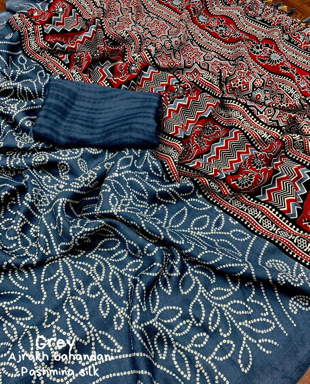 Grey Silk Blend Ajrak Saree with Unstitched Blouse