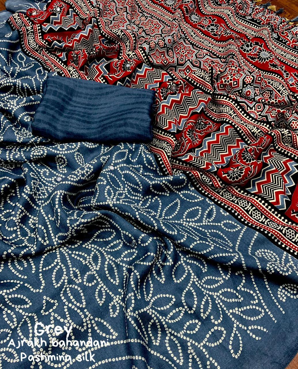Grey Silk Blend Ajrak Saree with Unstitched Blouse
