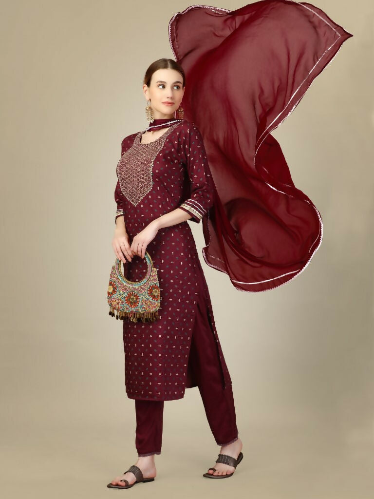 Women's Maroon Silk Blend Straight Kurta with Trouser and Dupatta