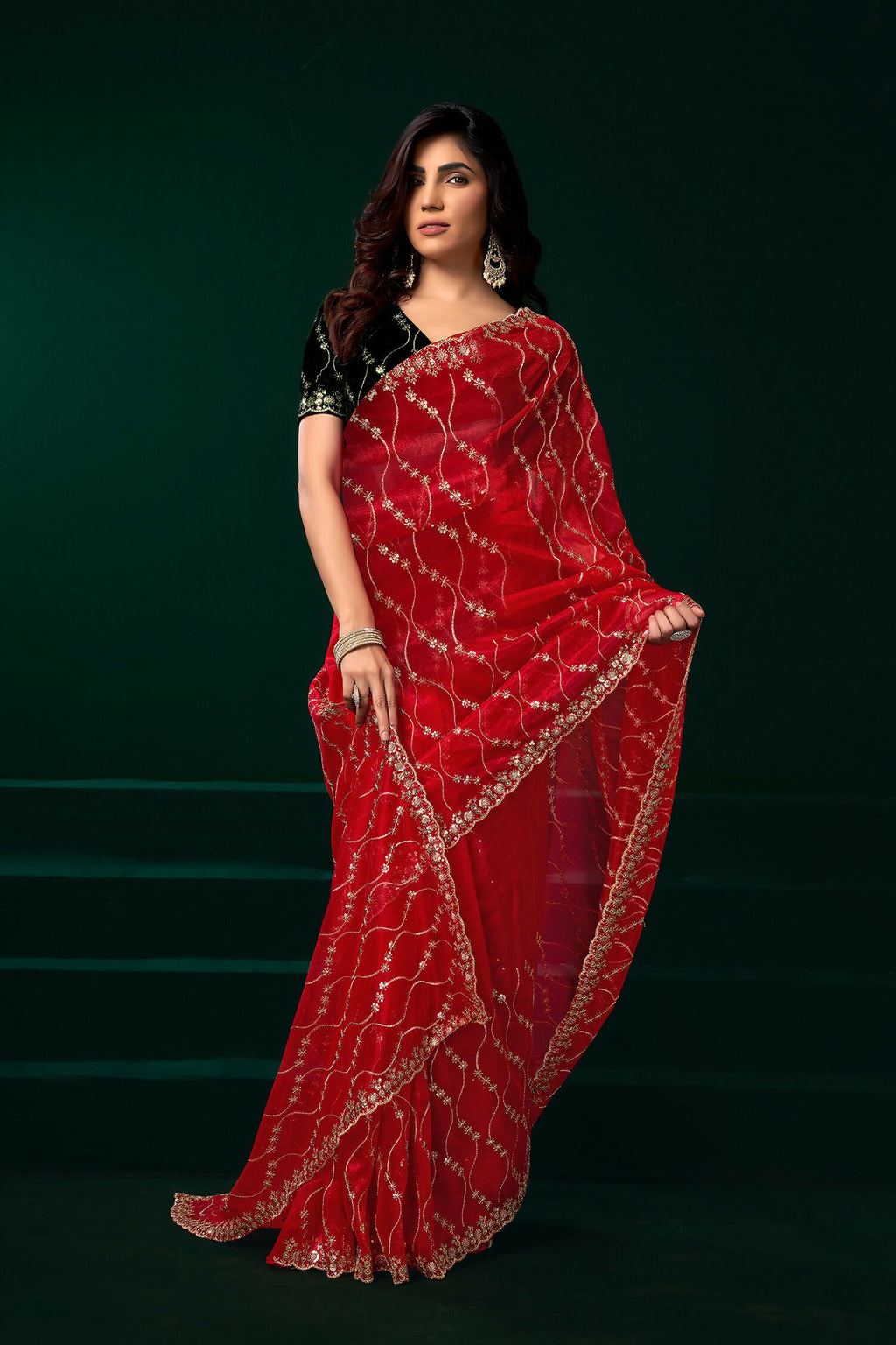 Red Net Party Wear Saree with Black Velvet Blouse