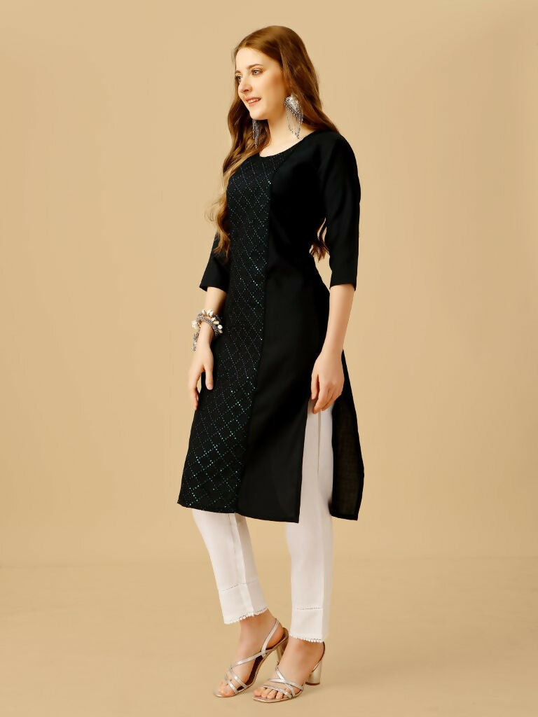 Women's Black Embroidered Cotton Blend Kurta Pant Set with Sequins