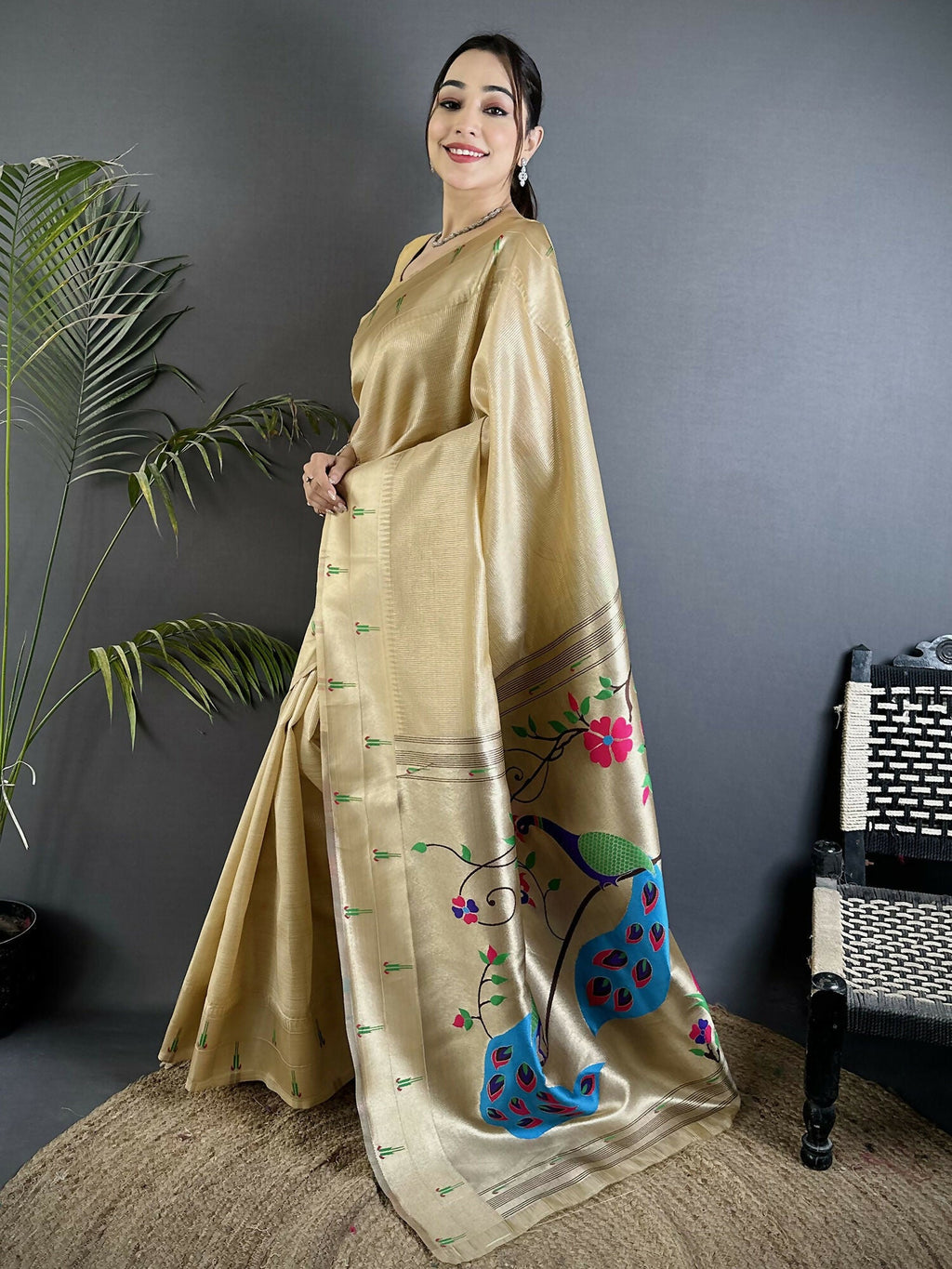 Ivory Tissue Paithani Saree with Peacock and Floral Motifs