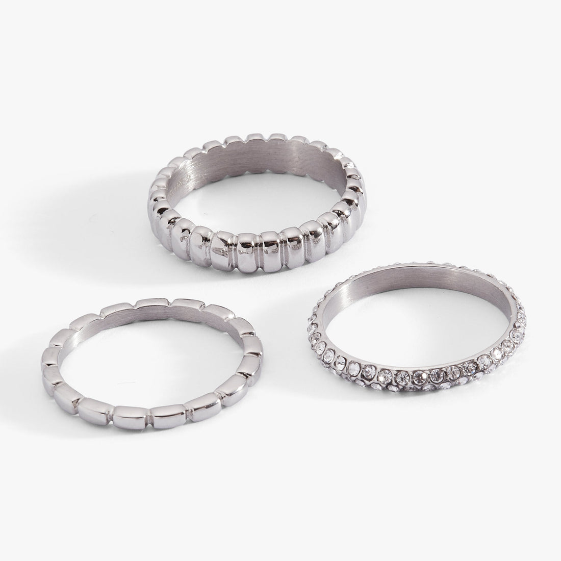 Ribbed Stacking Ring Set of 3 with Crystal Pave in Mixed Metals