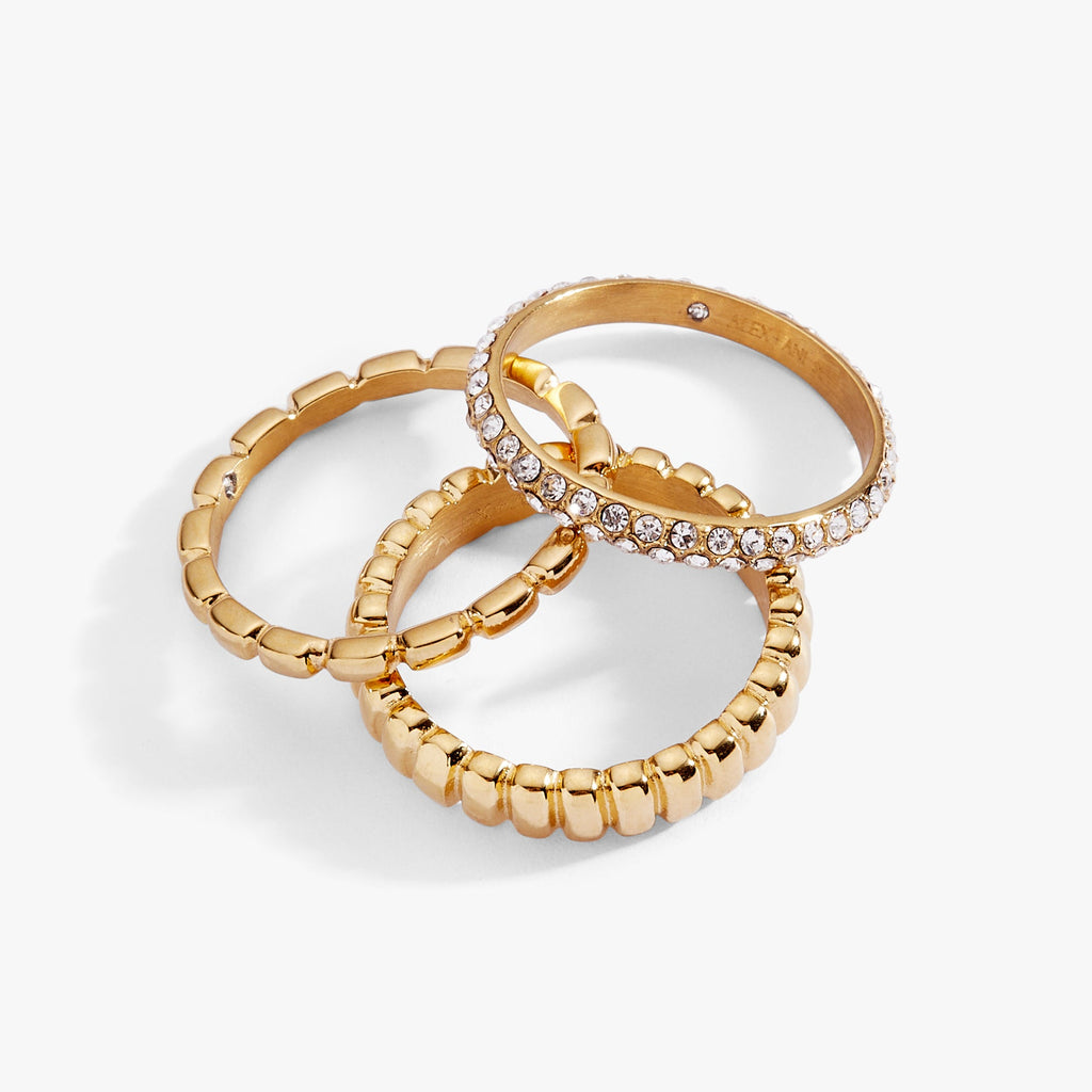 Ribbed Stacking Ring Set of 3 with Crystal Pave in Mixed Metals