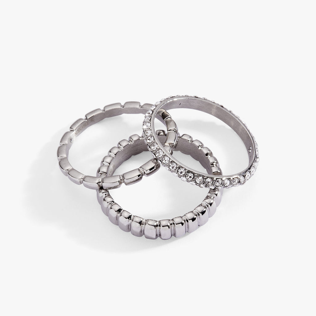 Ribbed Stacking Ring Set of 3 with Crystal Pave in Mixed Metals