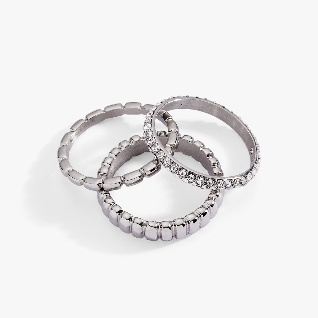 Ribbed Stacking Ring Set of 3 with Crystal Pave in Mixed Metals