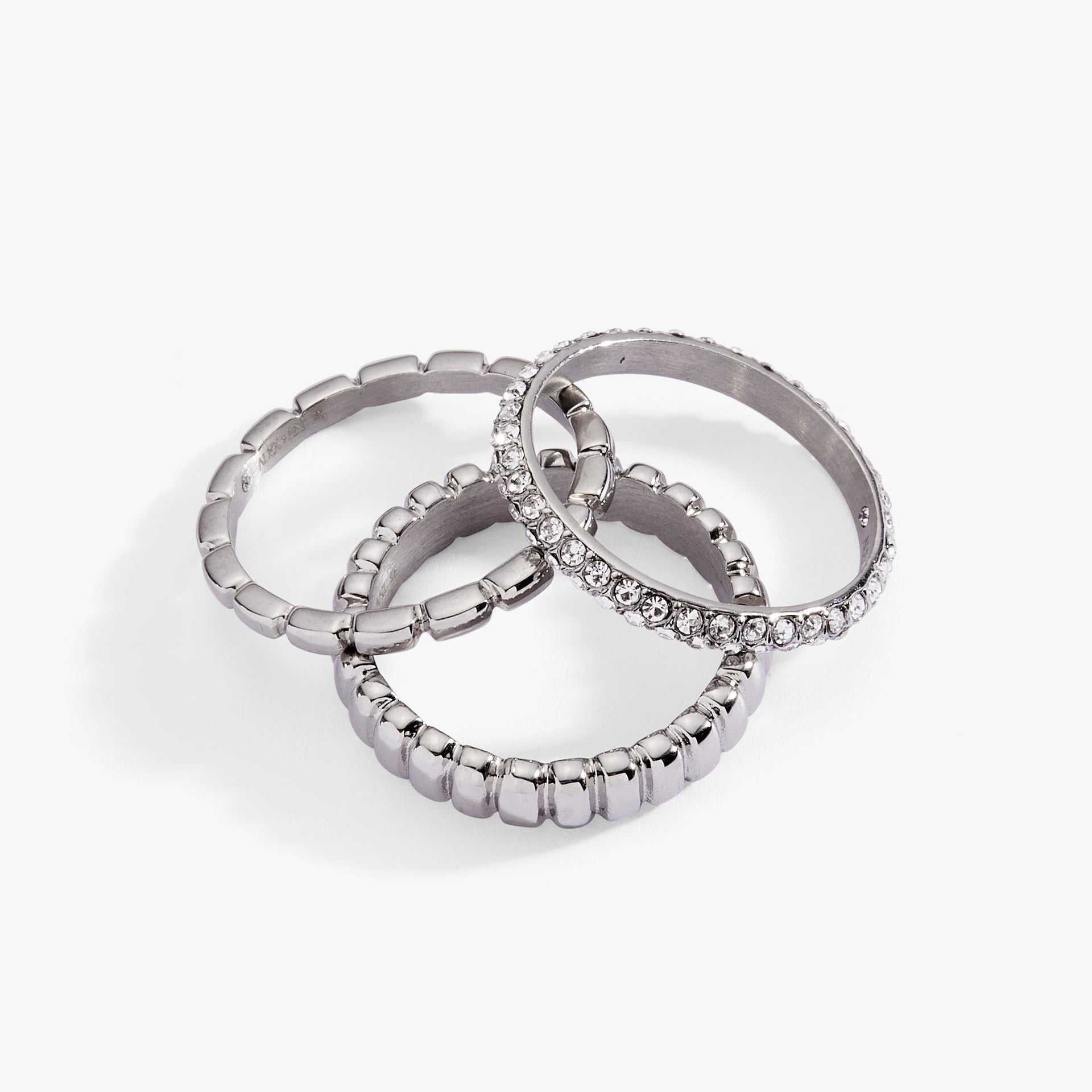 Ribbed Stacking Ring Set of 3 with Crystal Pave in Mixed Metals