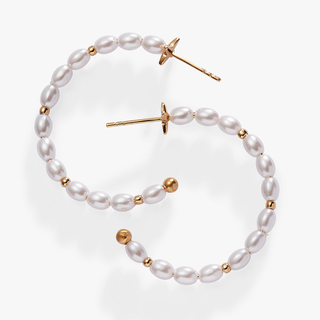 Rice Pearl Hoop Earrings in Gold and White
