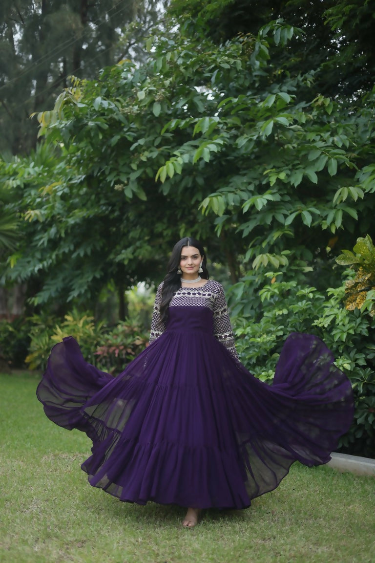 Jyoti Fashion Women's Purple Sequins Zari Embroidered Faux Georgette Anarkali Dress