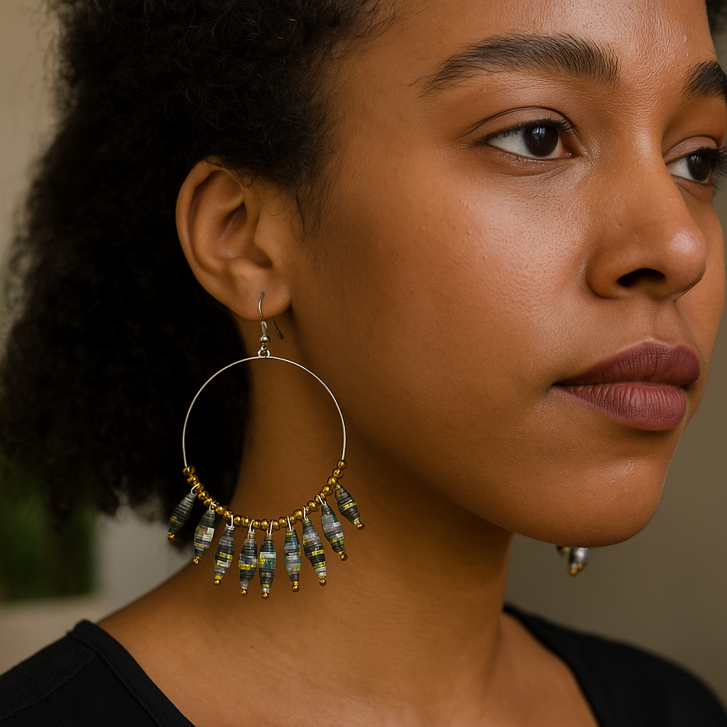 A pair of artisan-made Ugandan paper bead hoop earrings featuring multi-colored beads and gold accents on silver-toned hoops.