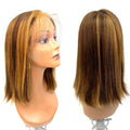 Rio Bob Lace Front Straight 12 inch wig in a highlighted brown and blonde multi-tonal color blend.