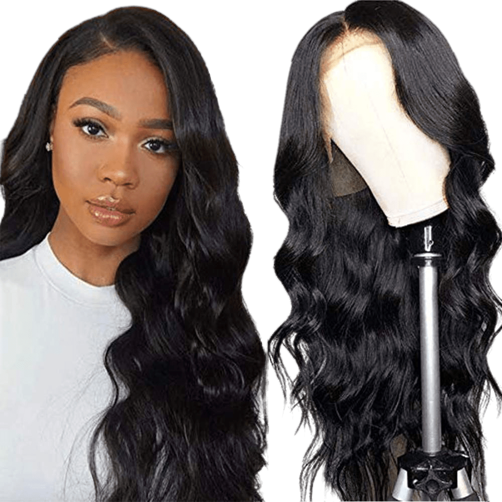RIO Body Wave Human Hair Front Lace Wig in Natural Black with a soft, silky texture and a natural hairline.