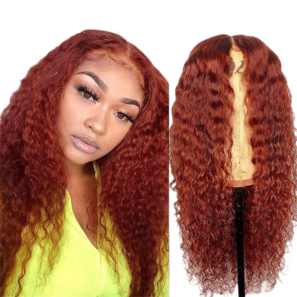 A close-up of the RIO Bohemian lace wig in a rich auburn copper tone
