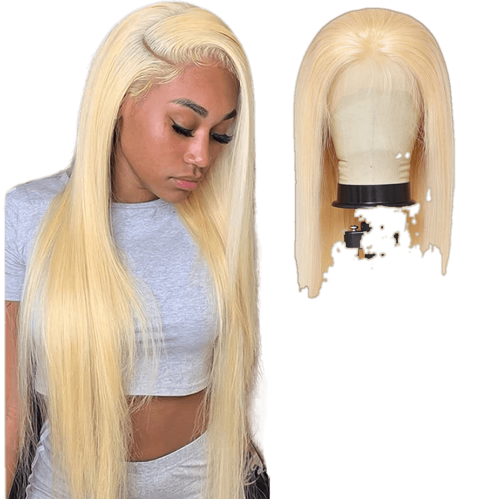 Model wearing a sleek, straight blonde Ukrainian human hair front lace wig