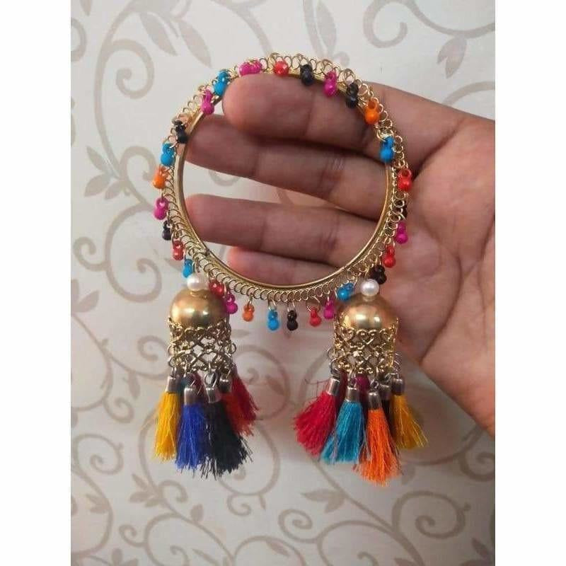 Multicolor thread and pearl hanging jhumka bangle bracelet in gold tone
