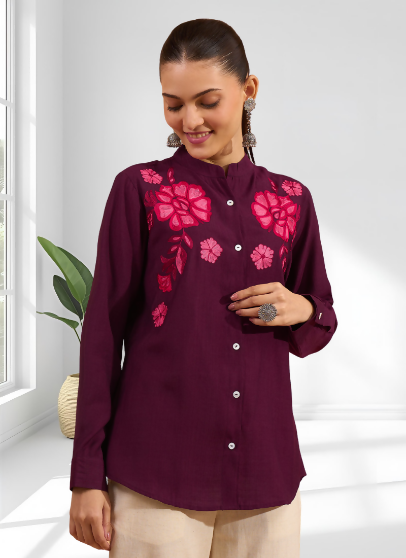 Wine Silk Embroidered Readymade Tunic with Mandarin Collar
