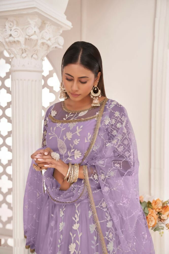 Lavender Butterfly Net Lehenga with White Cotton Thread and Zari Work