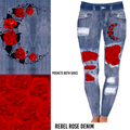 Red Rose Distressed Denim Leggings with Floral Patches
