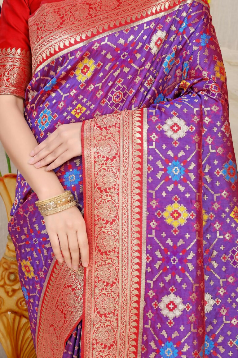 Purple Patola Silk Zari Woven Saree with Red Blouse