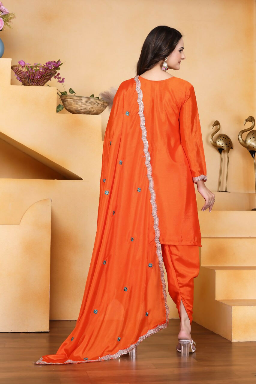Orange Silk Embroidered Dhoti Set with Matching Kurti and Dupatta