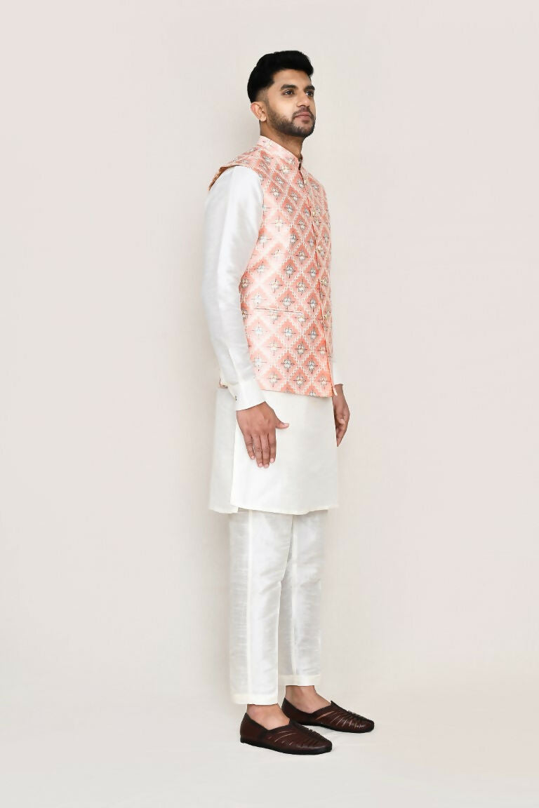 White Art Silk Kurta Set with Matching Jacket and Straight Pants