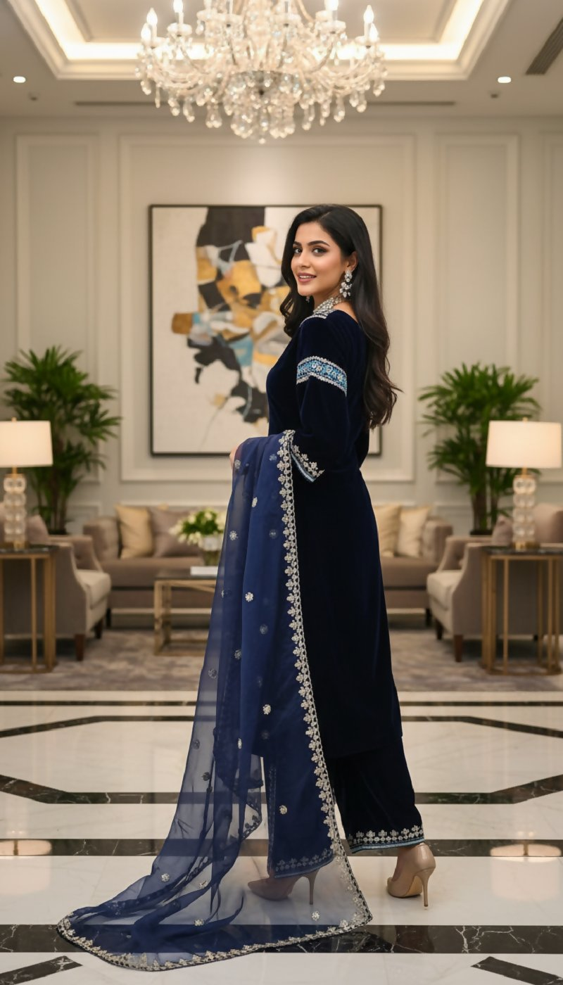 Blue Velvet Kurta Set with Intricate Embroidery and Sequence Work