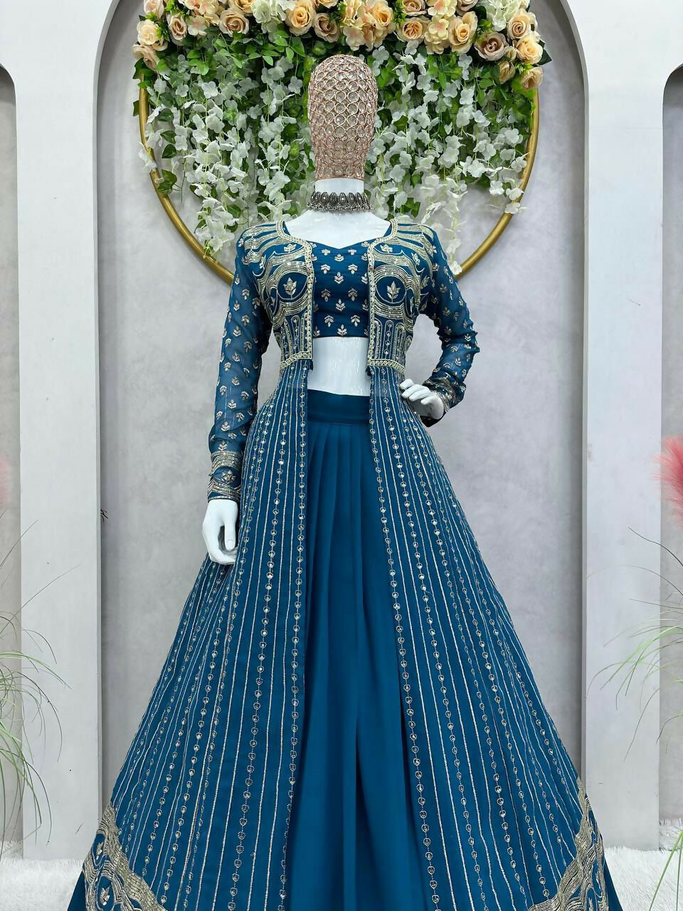 Teal Faux Georgette Sequins Embroidered Lehenga Choli Set