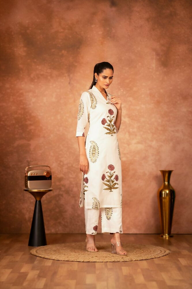 Off White Red Floral Hand Block Printed Cotton Kurta Pant Set