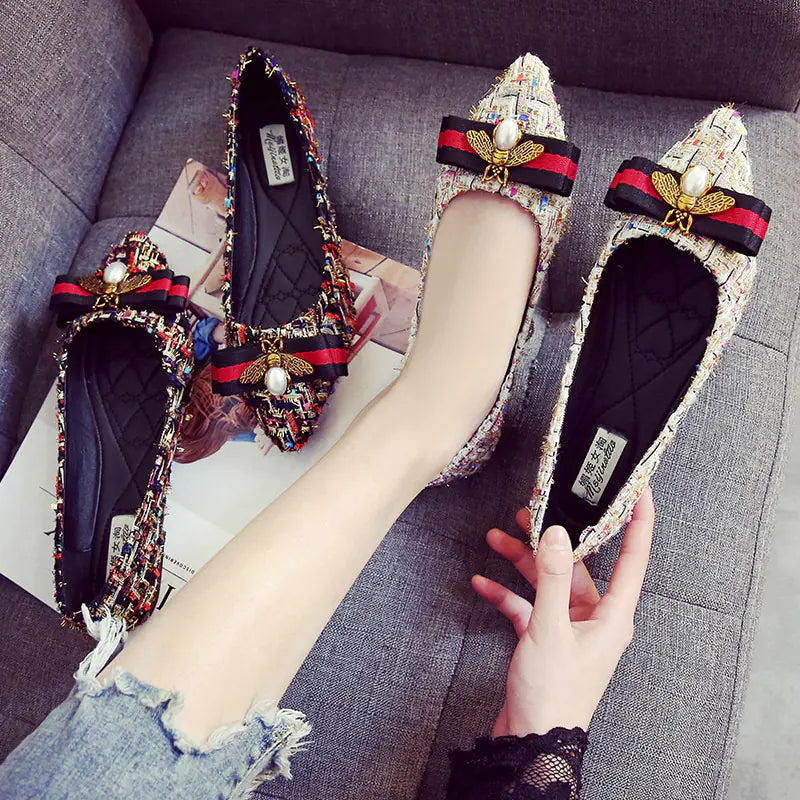 Women's Tweed Pointed Toe Flats with Bee and Bow Detail - Image 17