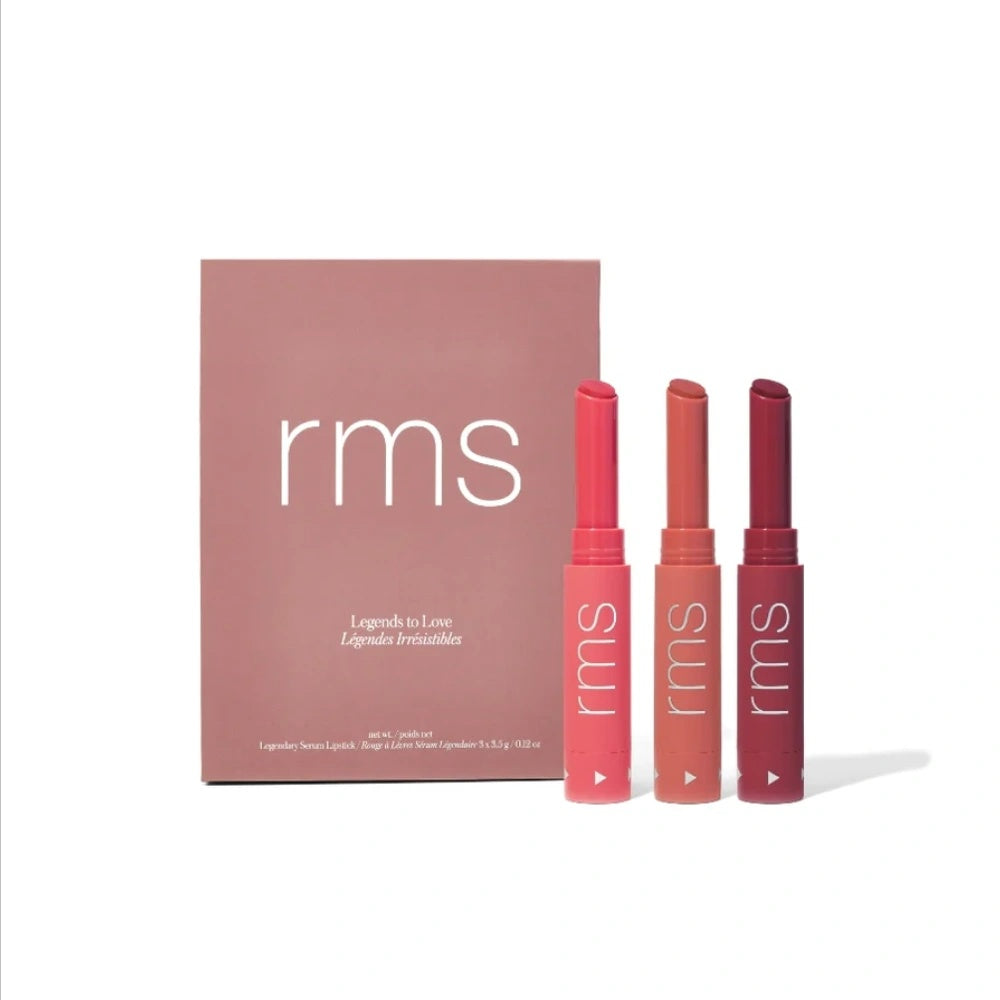 Three RMS Beauty Legendary Serum Lipsticks in pink, nude, and berry shades, displayed in a limited-edition gift set.