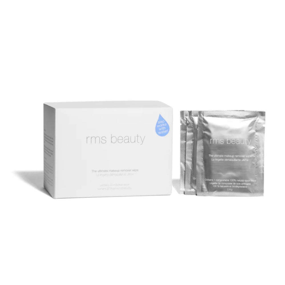 RMS Beauty Ultimate Makeup Remover Wipe in minimalist white and silver packaging.