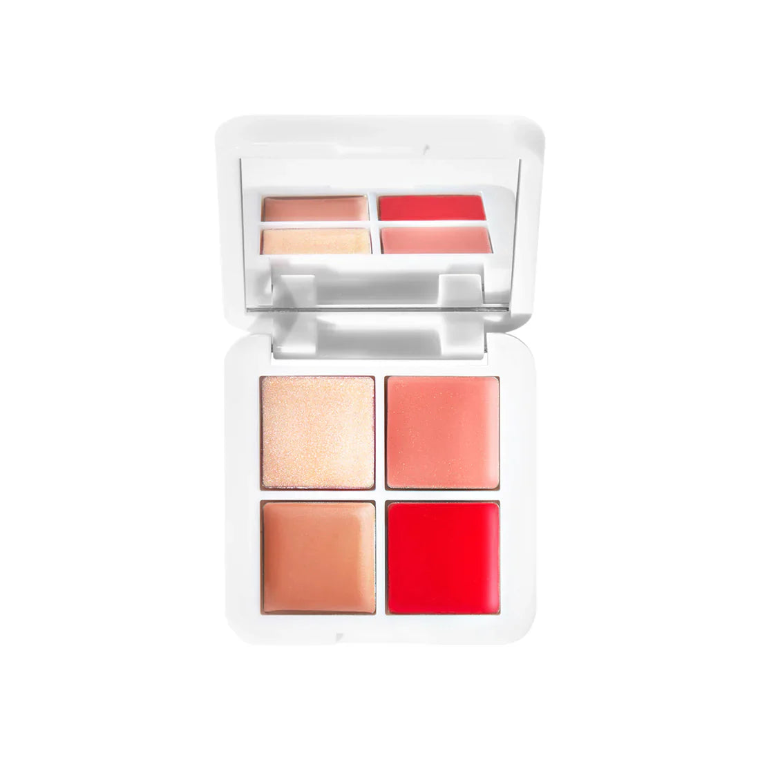 A mini makeup quad palette featuring four creamy balm shades of champagne, nude, pink, and red for lips and cheeks.