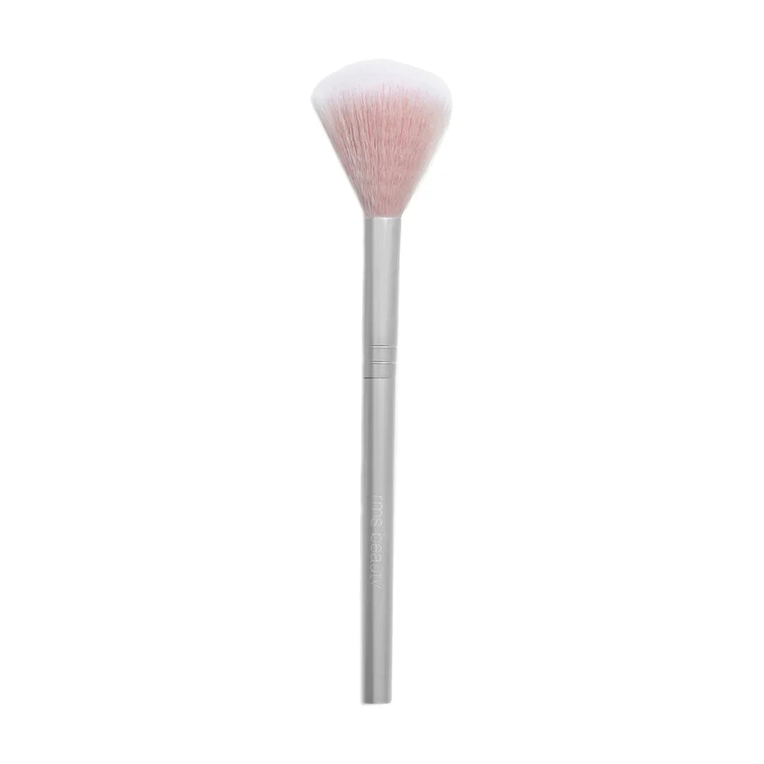 Classic silver and white fan brush for powder highlighter application.