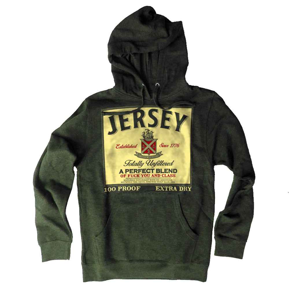 Perfect Blend Hoodie featuring a green Jameson whiskey label parody graphic on a hooded sweatshirt.