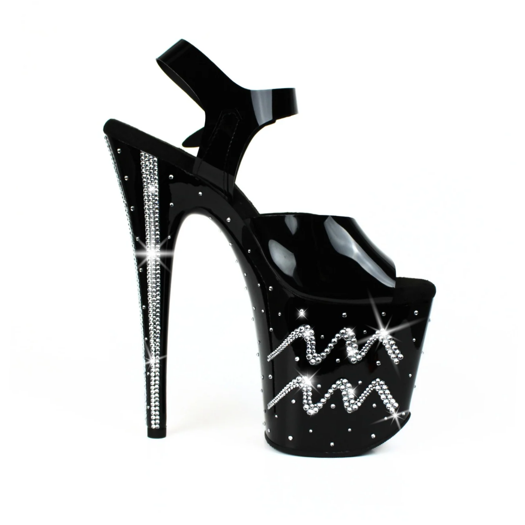 Black platform heels with Aquarius zodiac crystal design and 8-inch stiletto heel
