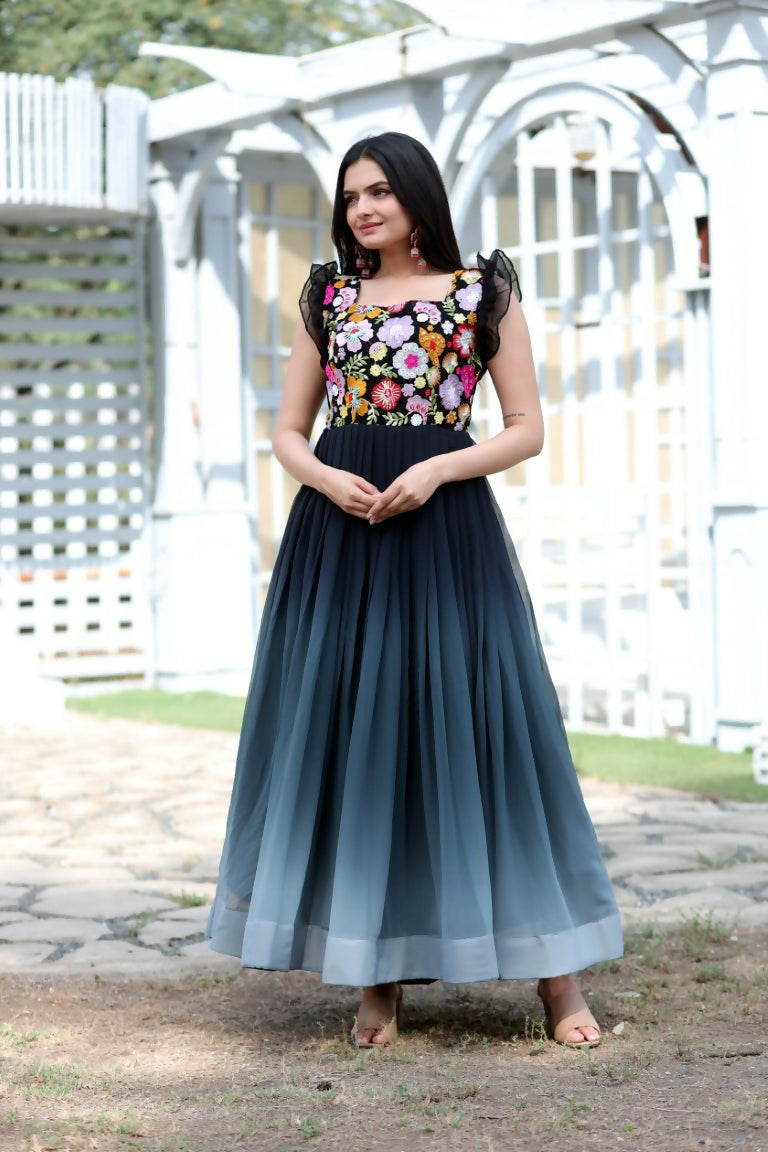 Elegant black Anarkali dress with sequins embroidery, floor-length design