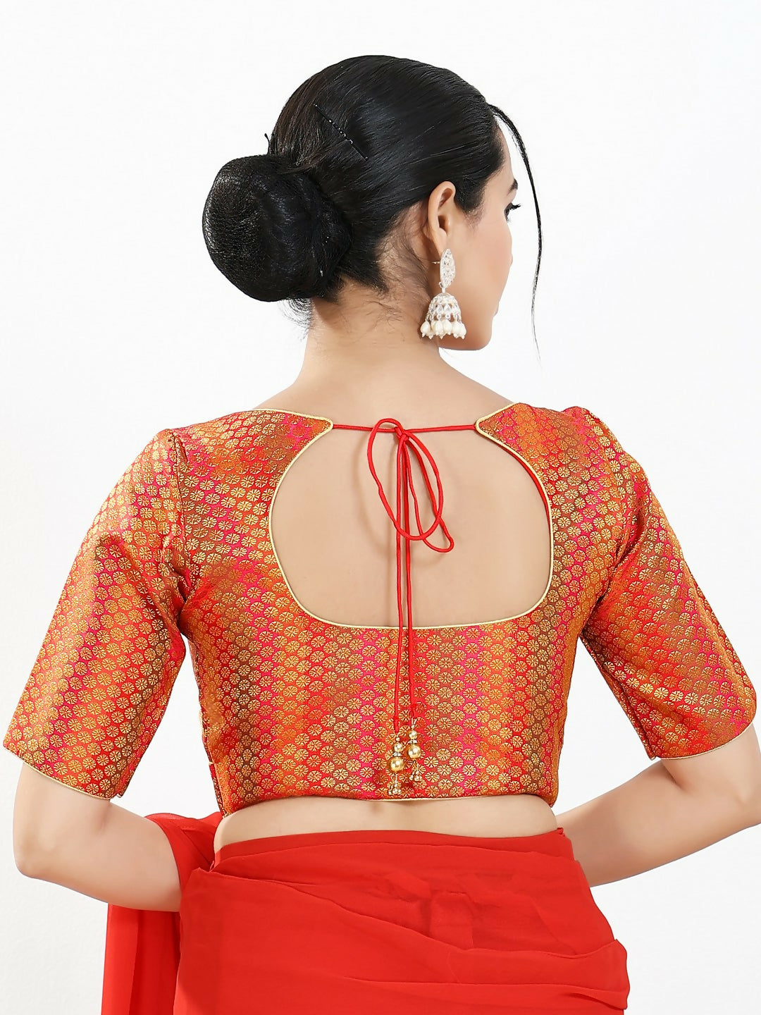 Joban Fashion Red Brocade Padded Blouse With Sweetheart Neck Elbow Sleeves