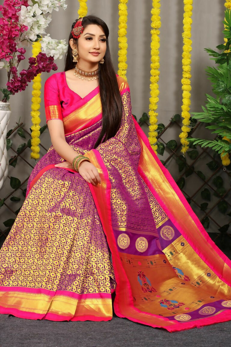 Purple Banarasi Silk Zari Woven Saree with Contrast Pink Blouse