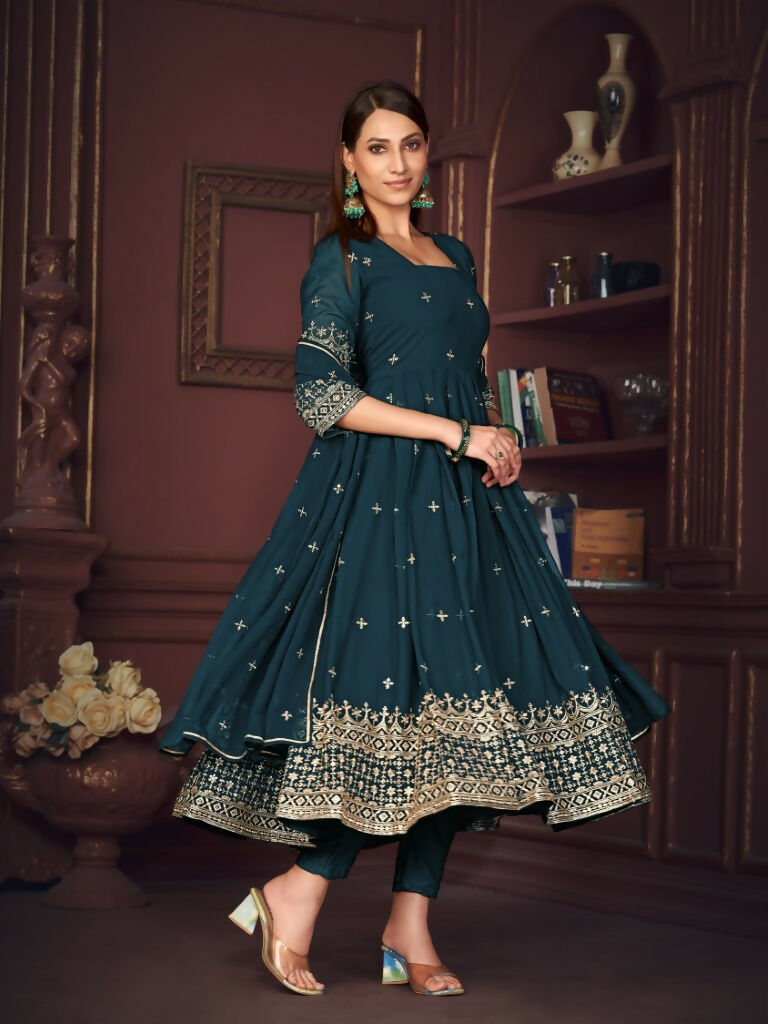 Jyoti Fashion Women's Rama Georgette Embroidered Anarkali Kurta Pant Set With Dupatta