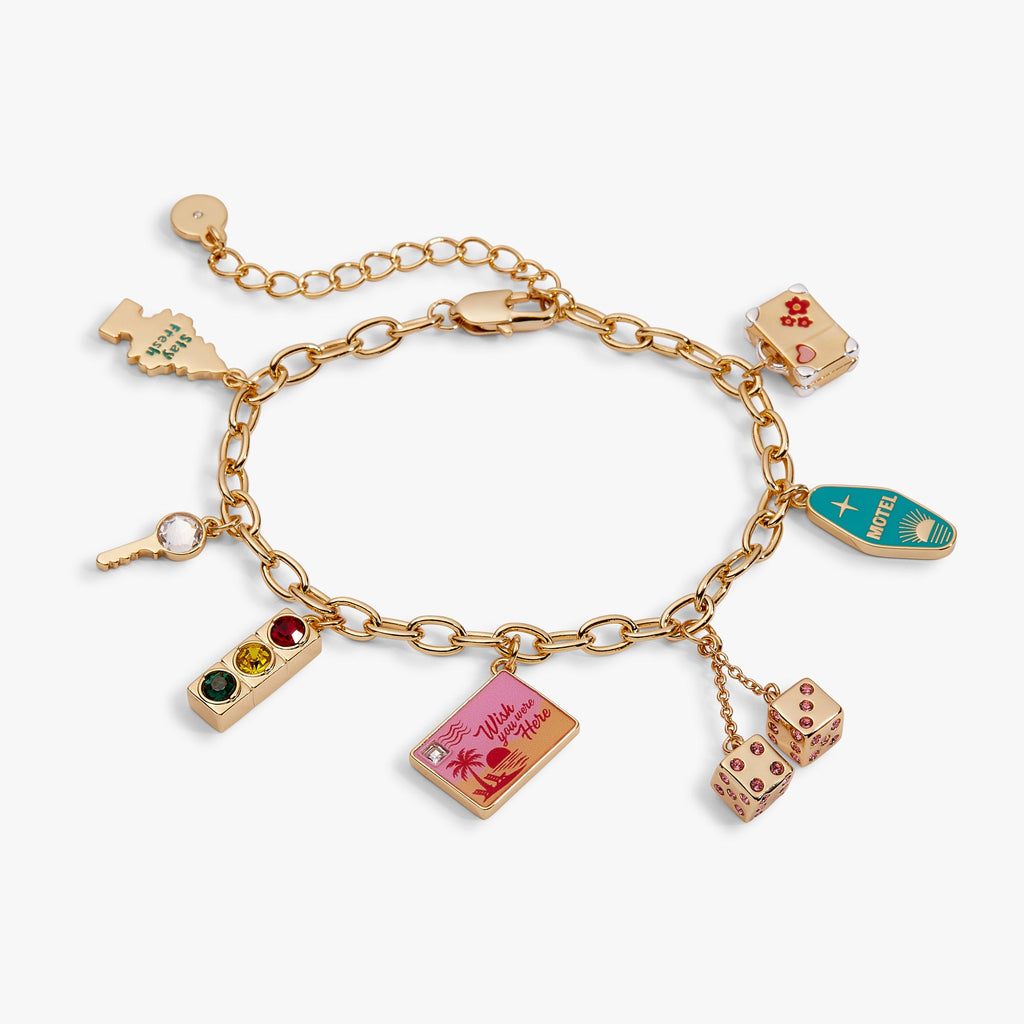 Road Trip Multi-Charm gold cable chain bracelet featuring seven enamel travel charms