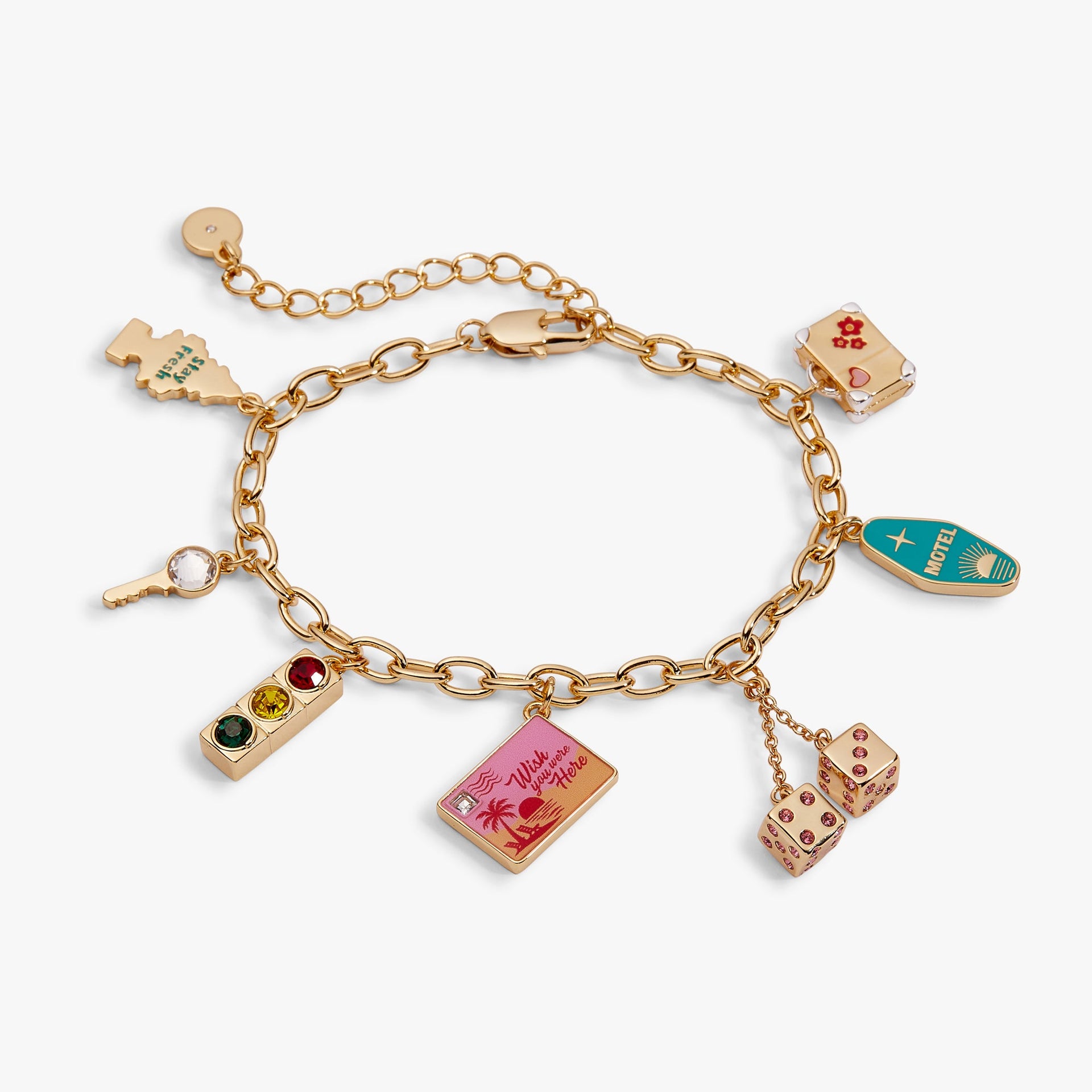 Road Trip Multi-Charm gold cable chain bracelet featuring seven enamel travel charms